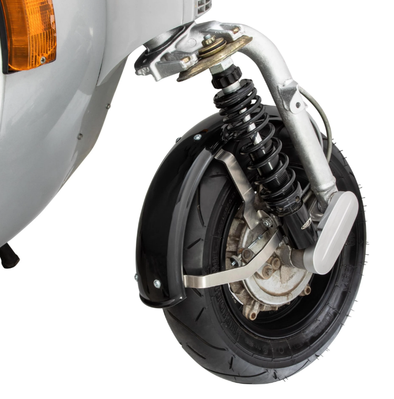 Guardabarros 2.0 Garelli para Vespa PX 80-200ccm, metal negro brillante, soporte acero inoxidable cepillado