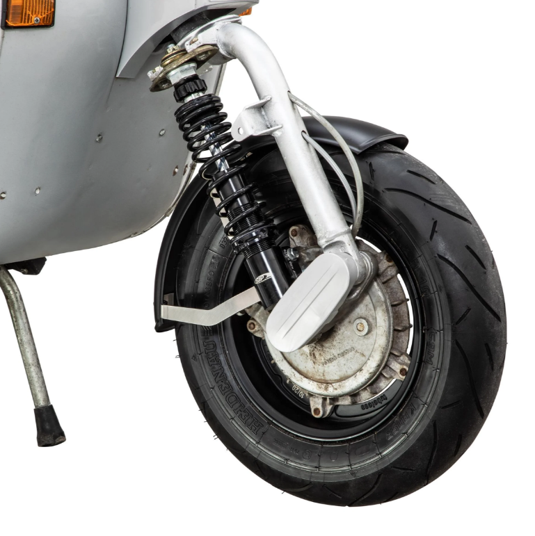 Guardabarros 2.0 Garelli para Vespa PX 80-200ccm, metal negro mate, soporte acero inoxidable cepillado
