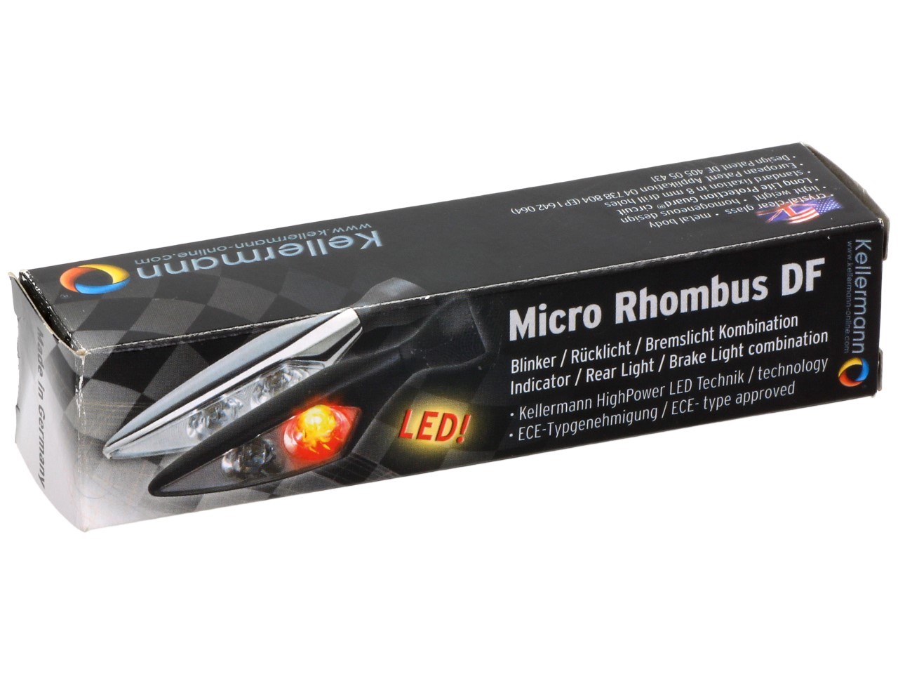 Indicador Kellermann, luz trasera y de freno, Rhombus DF, acero, LED, HR, 12 V, cromo brillante, M8x20