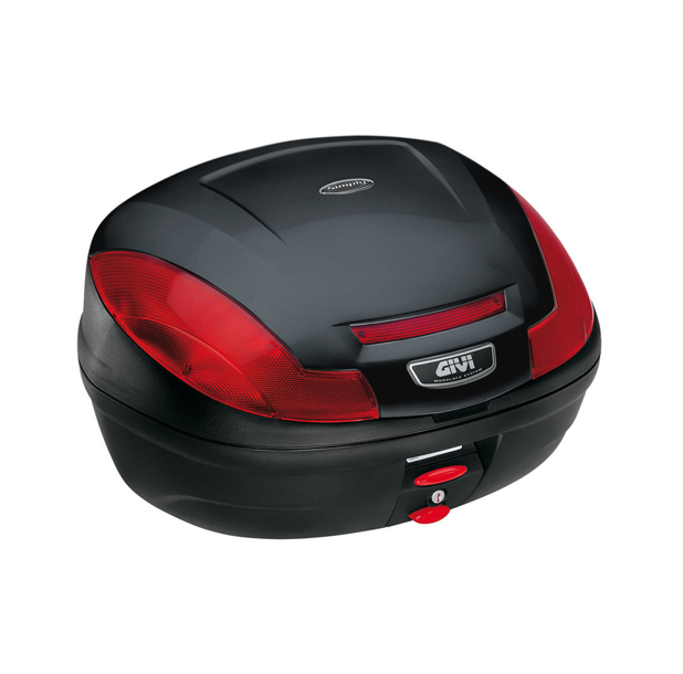 E470 Simply III MONOLOCK Topcase negro con reflectores rojos y placa Givi