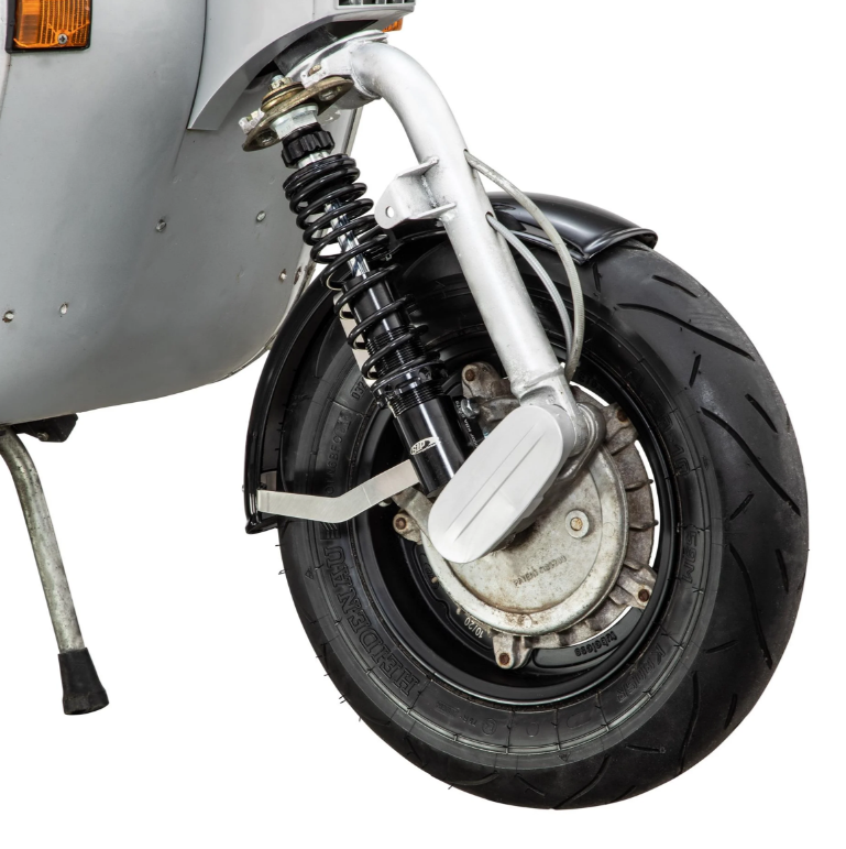 Guardabarros 2.0 Garelli para Vespa PX 80-200ccm, metal negro brillante, soporte acero inoxidable cepillado
