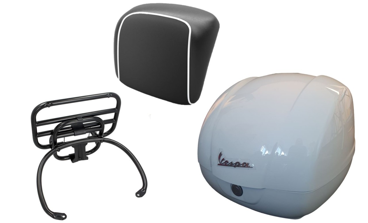 Kit baúl 36L blanco (B04), portaequipajes negro, respaldo negro, ribete blanco para Vespa GTS