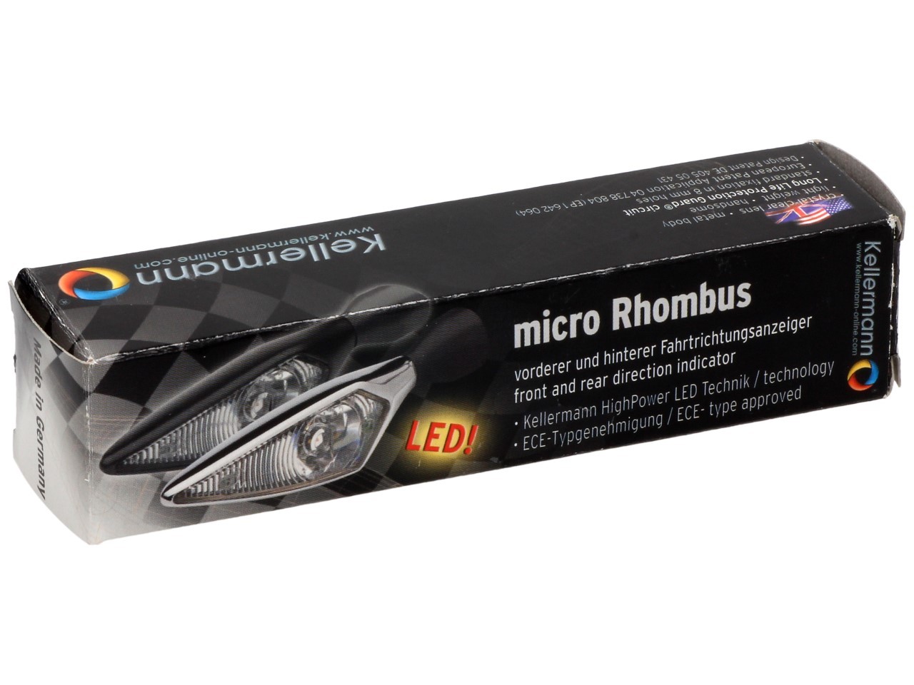 Indicador Kellermann, rombo, acero, LED, VR/HL, 12 V, negro satinado, M8x20, homologado E