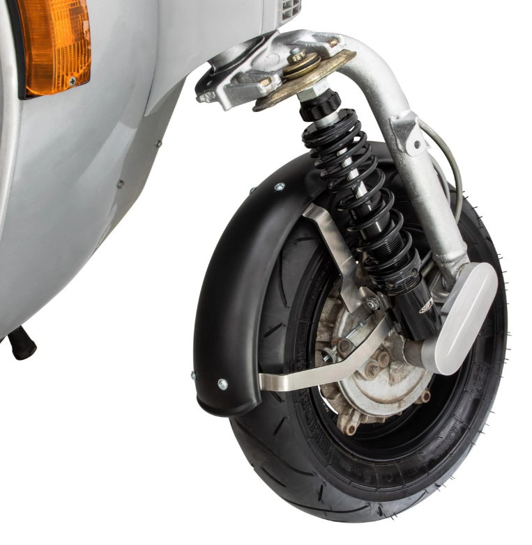 Guardabarros 2.0 Garelli para Vespa PX 80-200ccm, metal negro mate, soporte acero inoxidable cepillado
