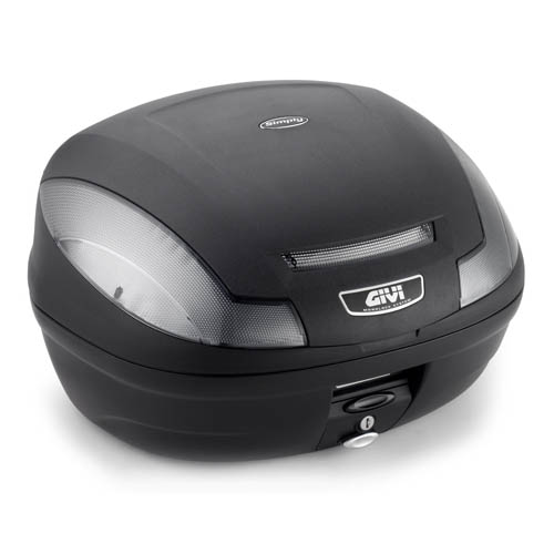 E470 Simply III TECH MONOLOCK Topcase negro con reflectores transparentes y placa Givi