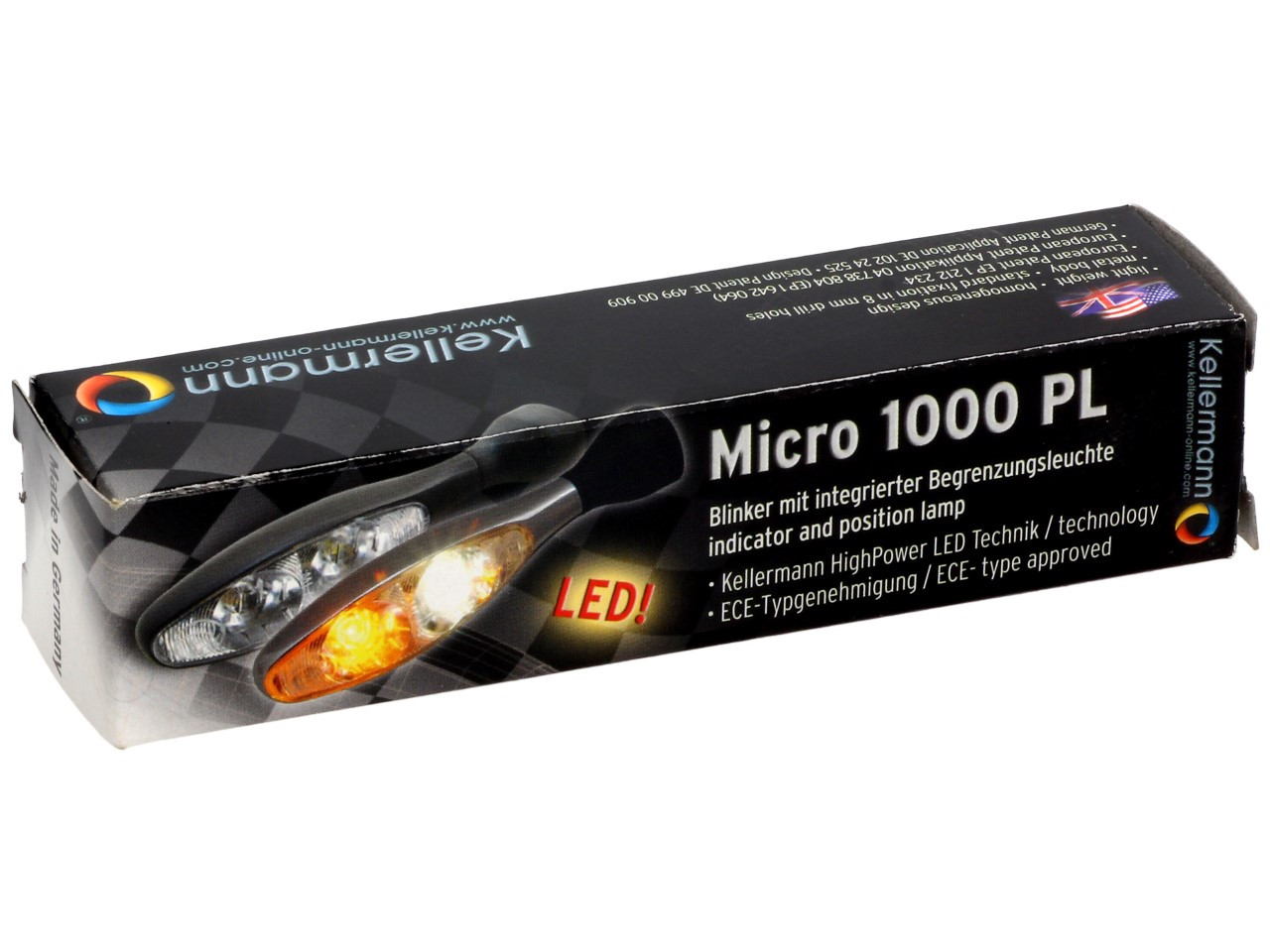 Indicador Kellermann con luz de posición, Micro 1000 PL, acero, LED, VL/VR, 12 V, cromo brillante, M8x20