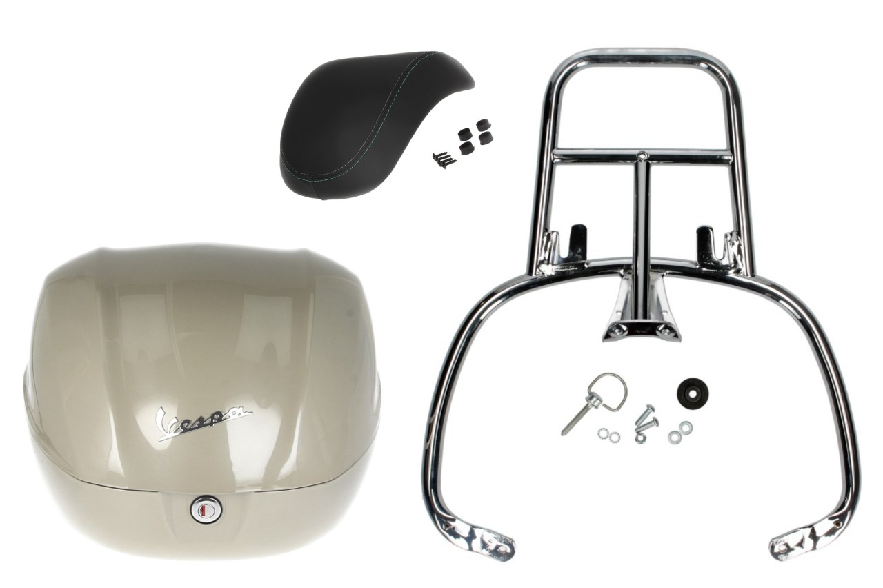 Kit baúl 32L beige (Q01), respaldo negro para Vespa Primavera