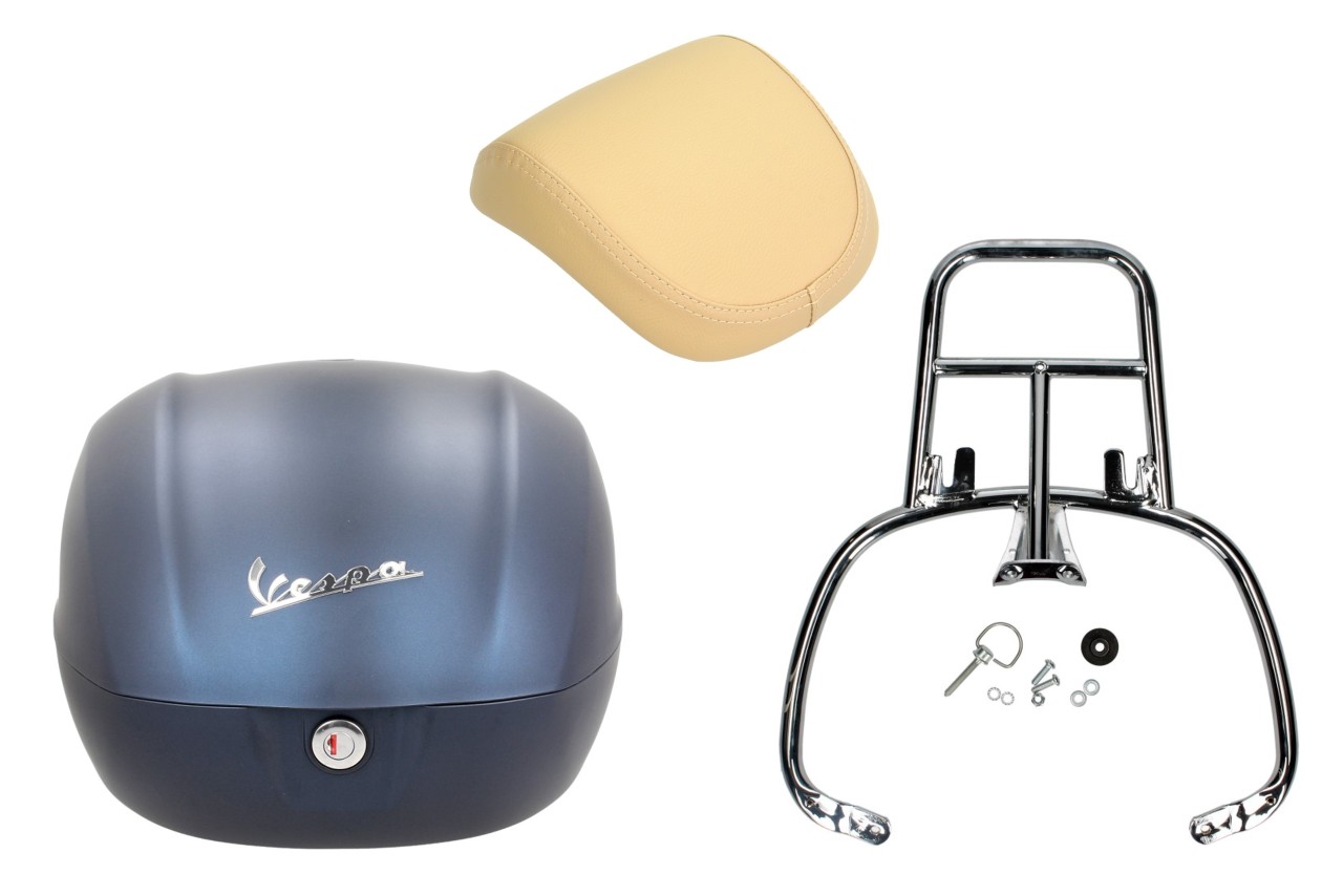 Kit baúl 32L azul mate (282/A), respaldo champán para Vespa Primavera