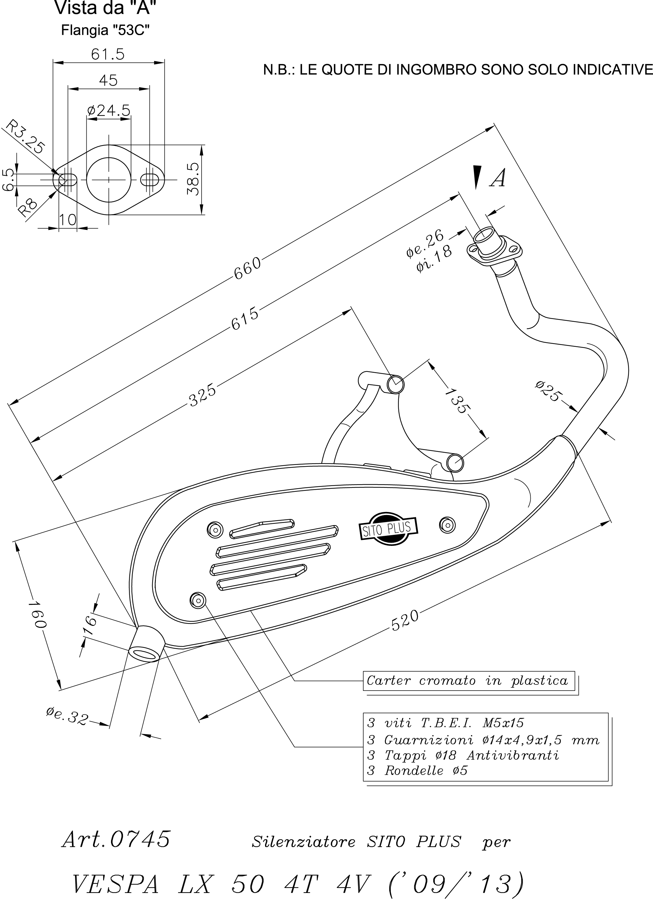 Sito / LeoVince sistema de escape Sito Plus, acero para Vespa LX 50 4T 4 Válvulas (Bj.09-14)