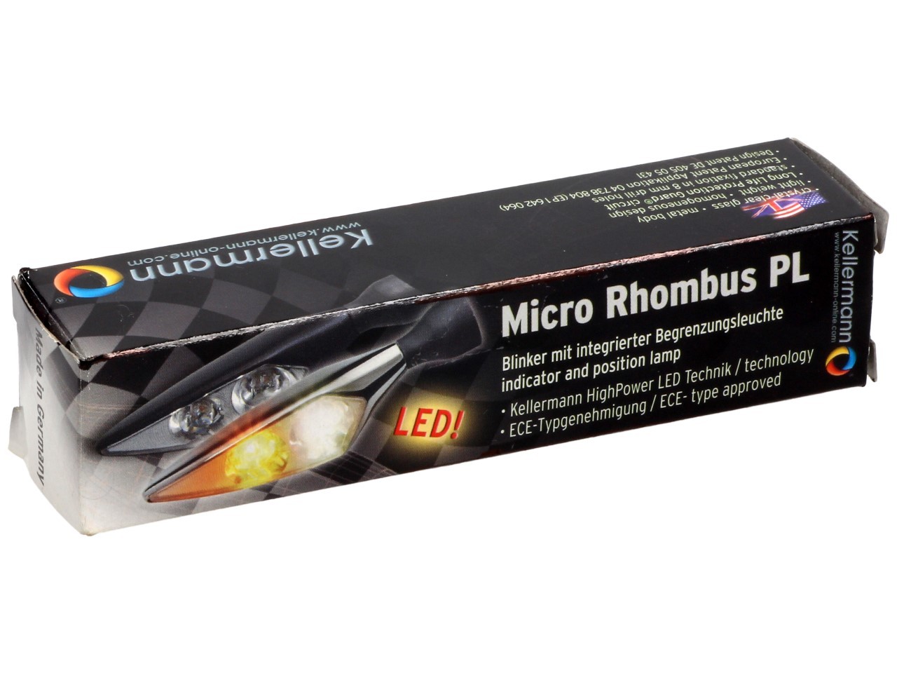Indicador Kellermann con luz de posición, Rhombus PL, acero, LED, VR, 12 V, cromo brillante, M8x20