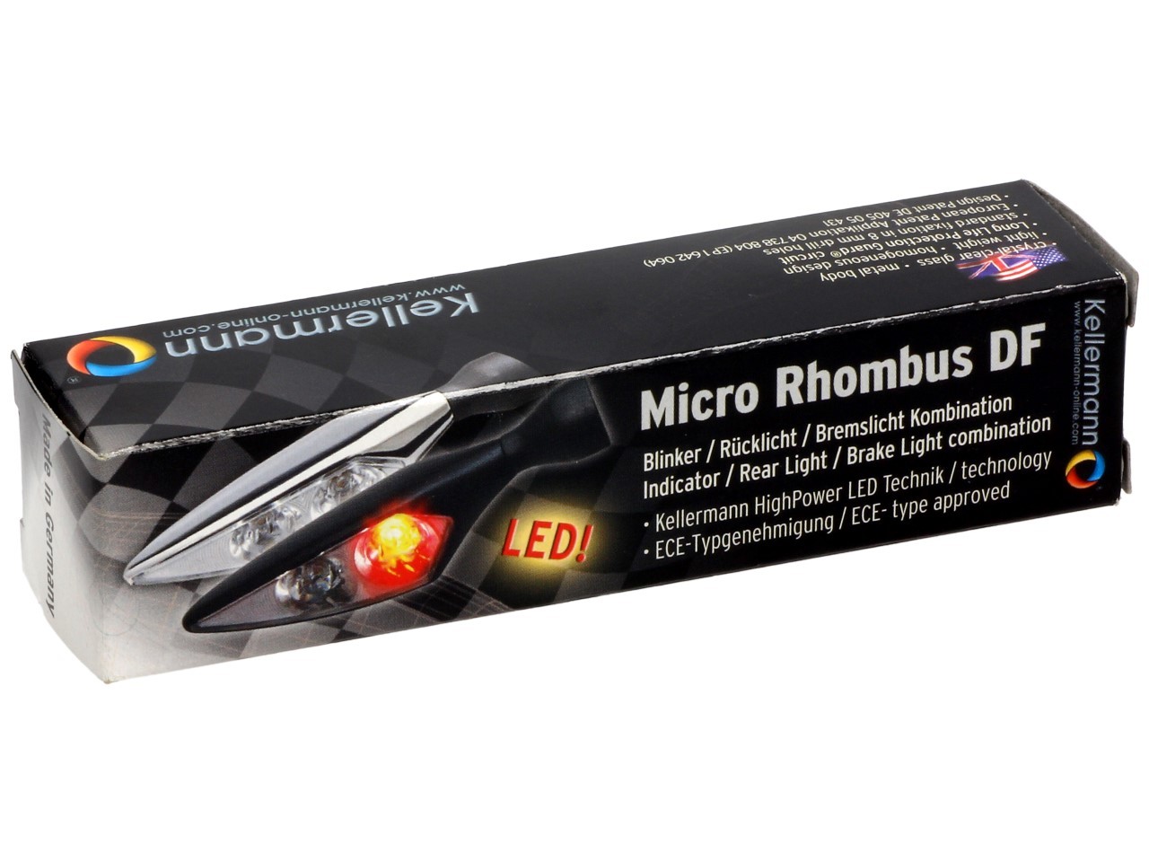 Indicador Kellermann, luz trasera y de freno, Rombo DF, acero, LED, HL, 12 V, cromo brillante, M8x20